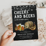 Convite de despedida de solteiro Cheers & Beers<br><div class="desc">Convites de despedida de solteiro rústicos com efeito de quadro negro,  uma seleção de cervejas aquareladas,  pretzel e um barril de cerveja,  luzes de corda e um modelo de festa "cheers and beers" moderno e fácil de personalizar.</div>