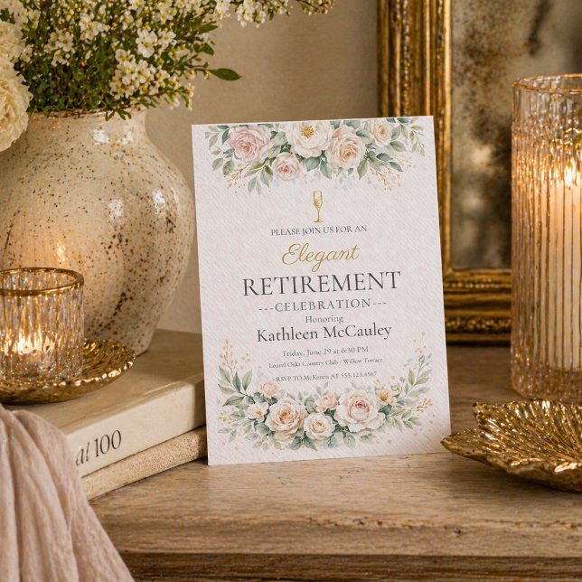 Convite de Despedida Floral Rosa (Blush floral farewell with champagne accents for a refined retirement dinner gathering)