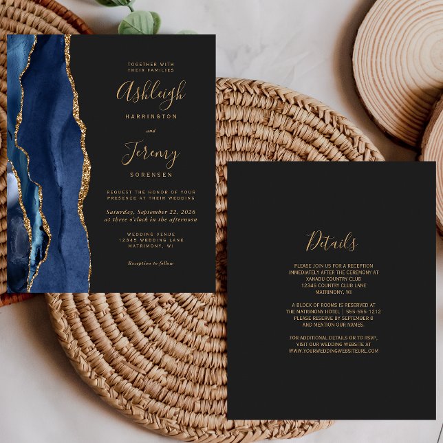 Convite de detalhes de casamento azul marinho dour (Criador carregado)
