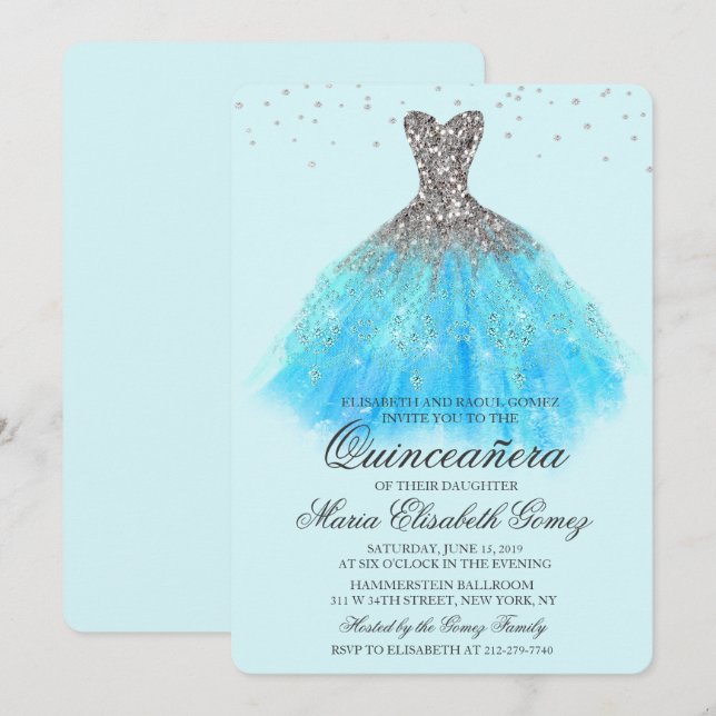 Convite de Diamante de Vestido de Brilho de Quince (Frente/Verso)