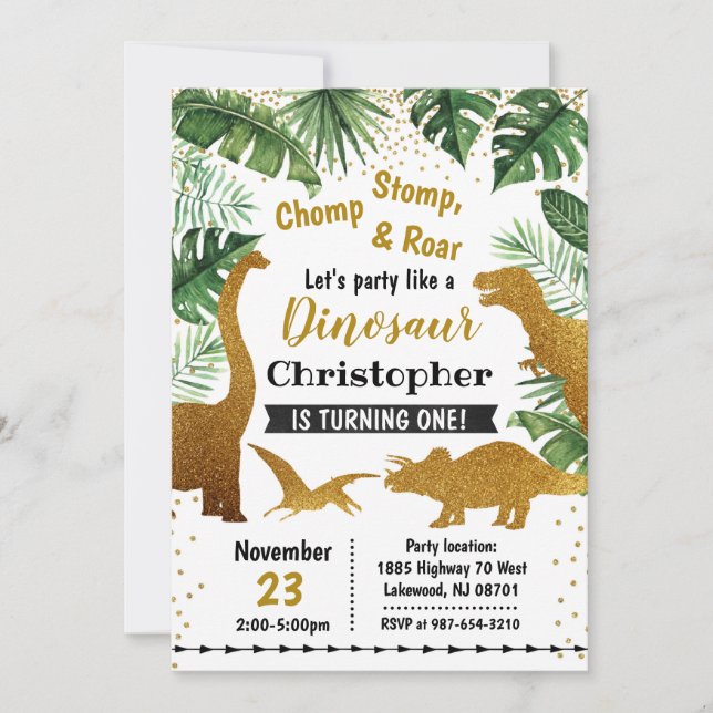 Convite de dinossauro, aniversário de dinossauro (Frente)