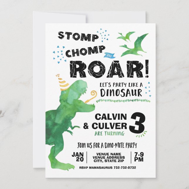 Convite de Dinossauro para Aniversário de Gêmeos (Frente)