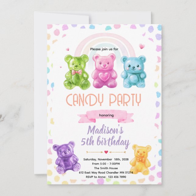 Convite de doce Urso Gummy Arco-íris (Frente)