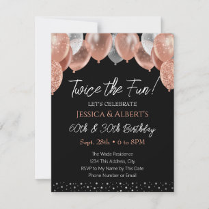 Convite de dois balões de aniversário, rosa e prat