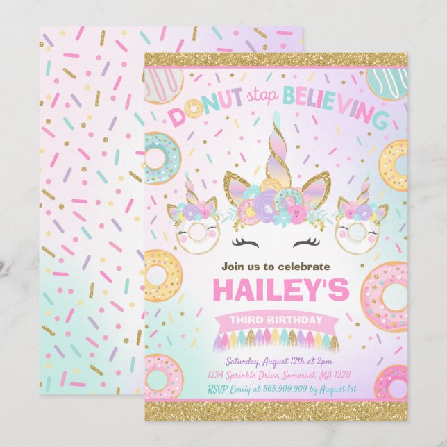 Convite de Donut e Unicórnio Não Deixe de Acredita (Frente/Verso)