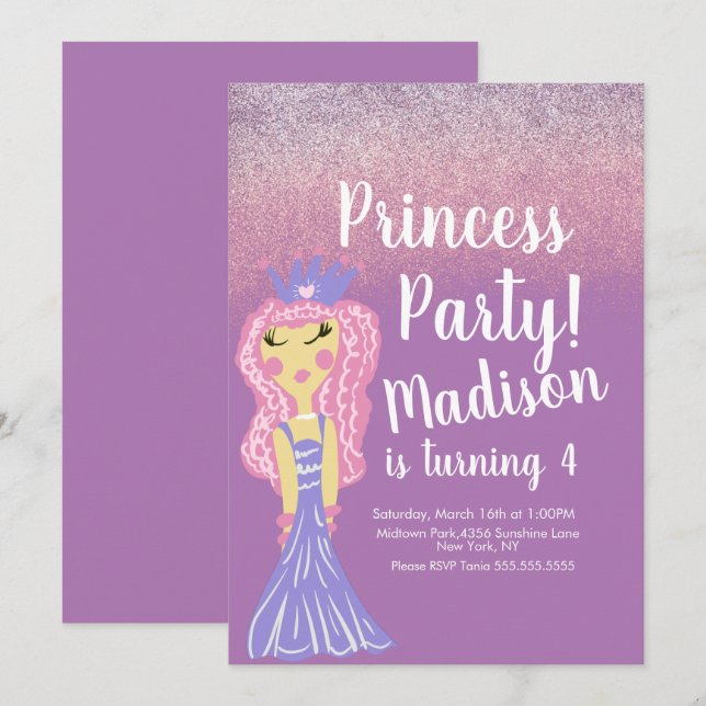 Convite de Doodle para Festa de Princesa Fofa (Frente/Verso)