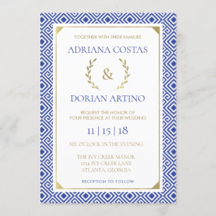 Convite de Elegância Grega, Azul, Dourado