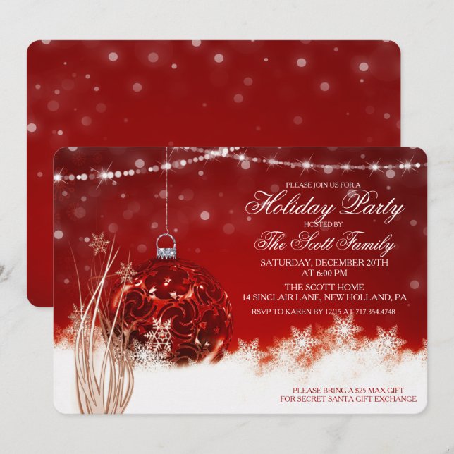 Convite de Enfeite de Natal Vermelho para Festa de (Frente/Verso)