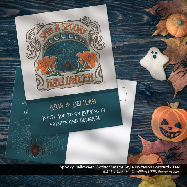 Convite de Estilo de Vintagem Gótico de Halloween  (Spooky Halloween Gothic Vintage Style Invitation Postcard - Shown in Teal, Front)