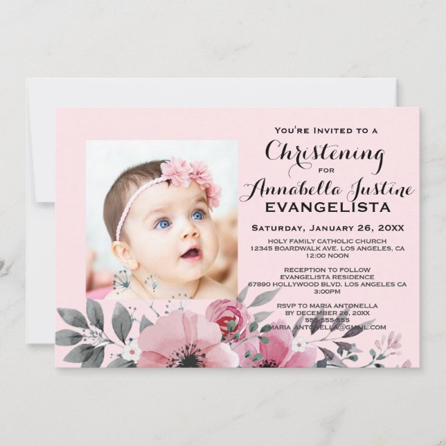 Convite de Evento Elegante Batizado Floral Rosa (Frente)