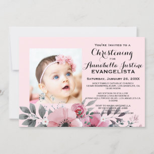 Convite de Evento Elegante Batizado Floral Rosa