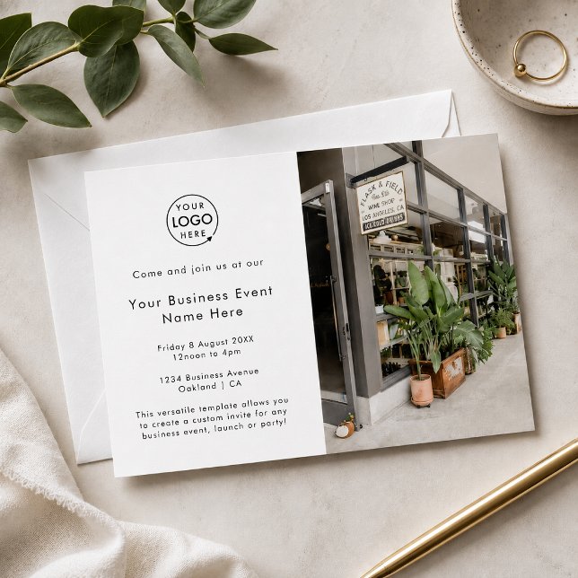 Convite de Evento Empresarial | Cartões de Convite (Custom white business event invitation with logo and photo layout for launches and networking.)