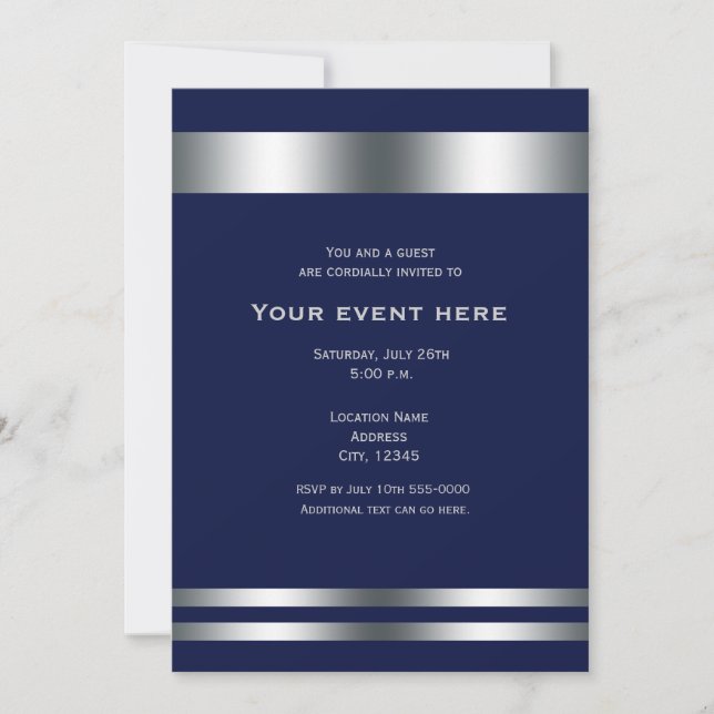 Convite de Evento para Jantar Elegante Azul Prata (Frente)