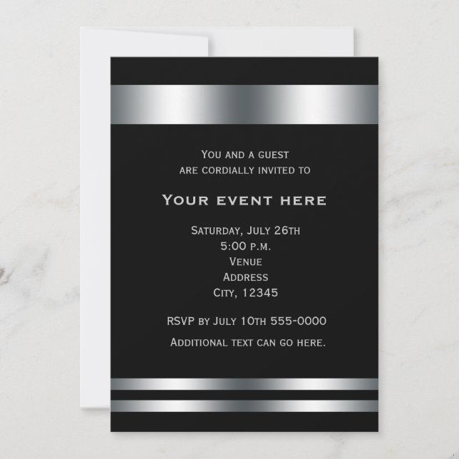 Convite de Evento para Jantar Elegante Preto Prata (Frente)