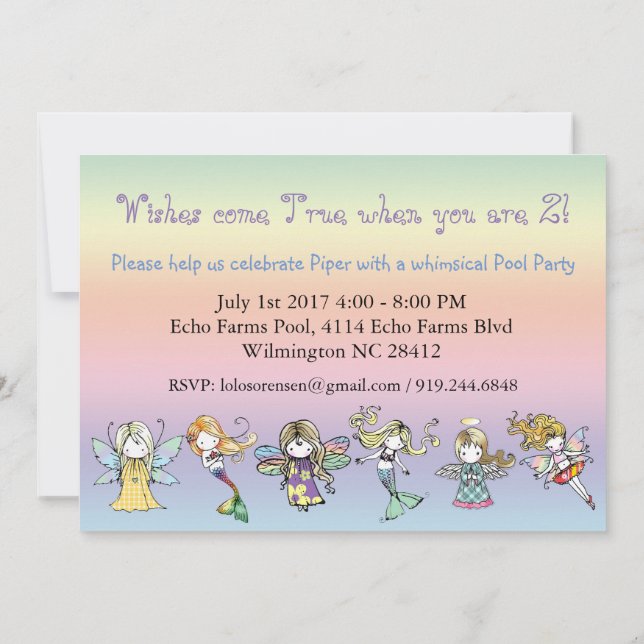 Convite de Fada Mermaid Anjo para Festa de Piscina (Verso)