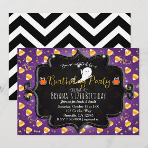 Convite de Fantasma de Candy Corn Roxo para Festa