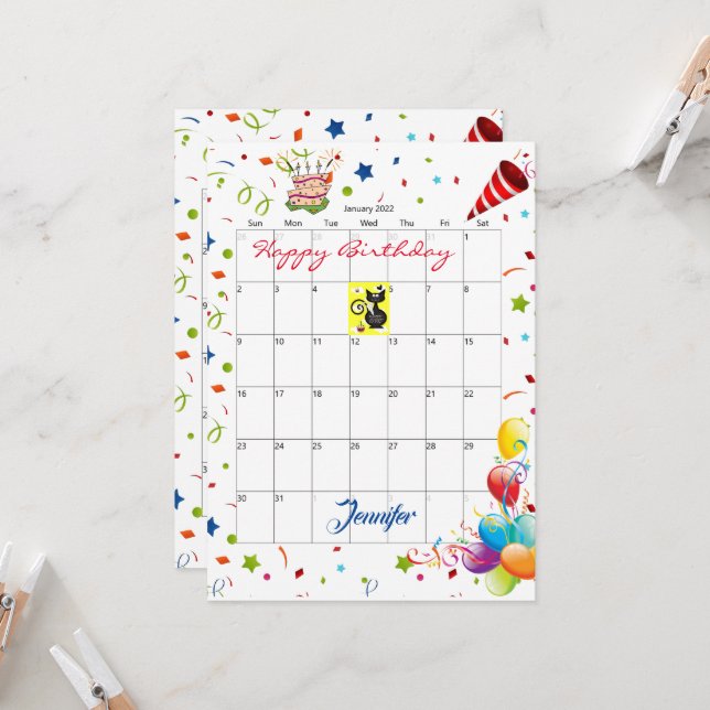 Convite de Feliz Aniversário do Calendário de Jane (Frente/Verso In Situ)