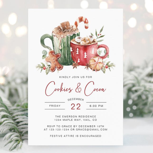 Convite de Feriado de Cookies (Cookies & Cocoa Christmas Invitation | Watercolor Holiday Party Invite by Painted Paperie)