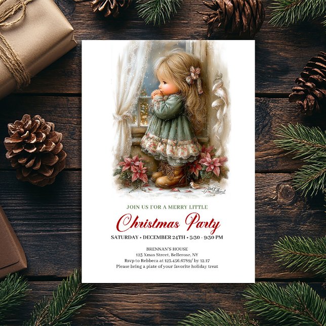 Convite de Feriado Festivo Menina Fofa Cena de Inv (Festive Holiday Invite Cute Girl Winter Scene Art)