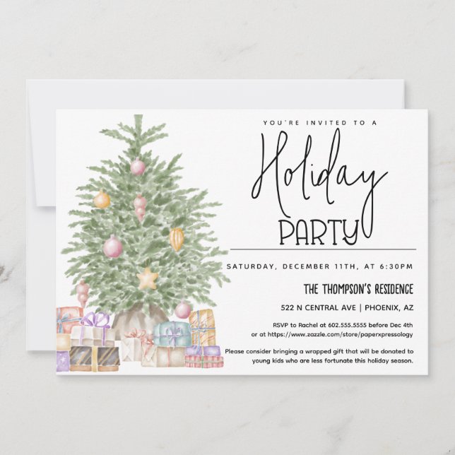 Convite de Férias de Árvore de Natal com presentes (Frente)