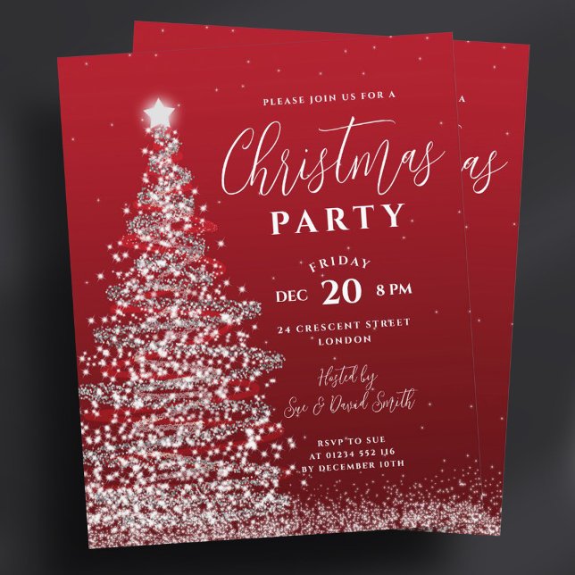 Convite de Férias Vermelhas de Prata de Árvore de  (Budget Christmas Tree Silver Red Holiday Invite )