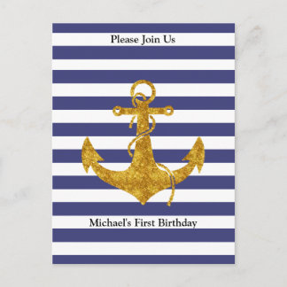 Convite de Festa Âncora Dourada em Listras Azuis