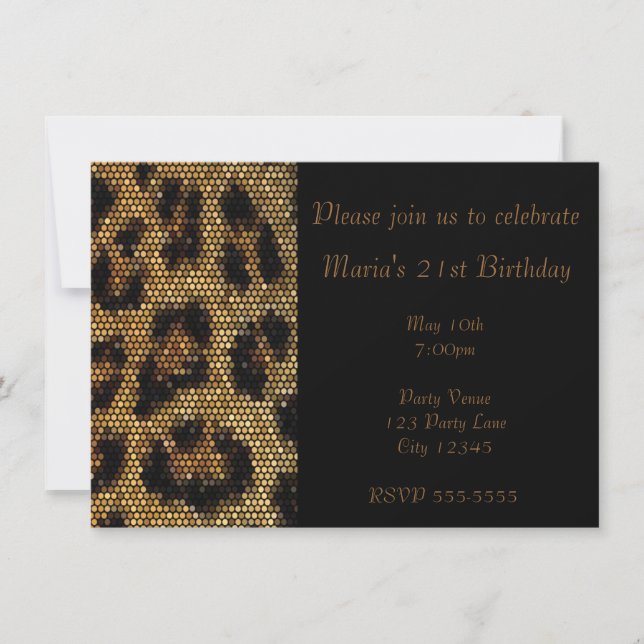 Convite de Festa Brilho Impressão Leopardo Guepard (Frente)