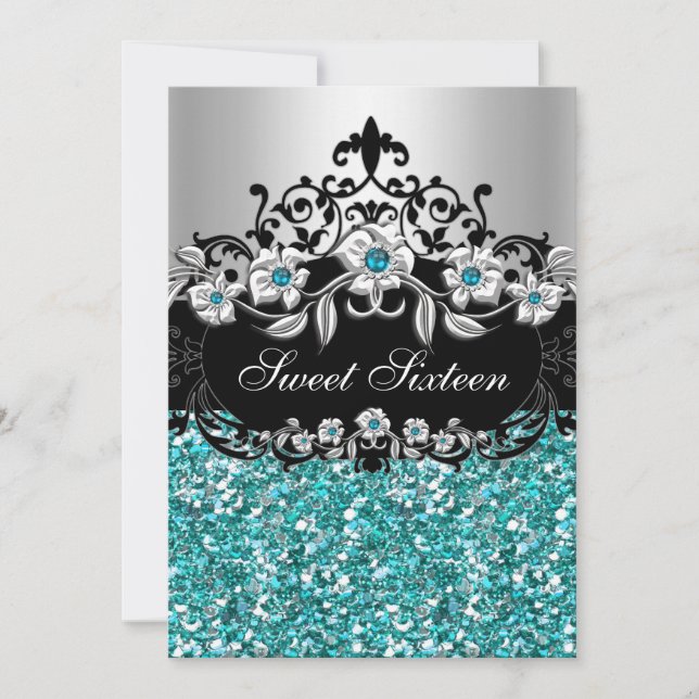 Convite de Festa com Brilho Floral Azul Turquesa p (Frente)