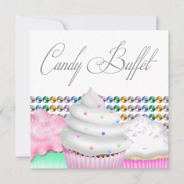 Convite de festa com buffet de doces e cupcakes co (Frente)