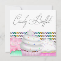Convite de festa com buffet de doces e cupcakes co