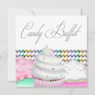 Convite de festa com buffet de doces e cupcakes co