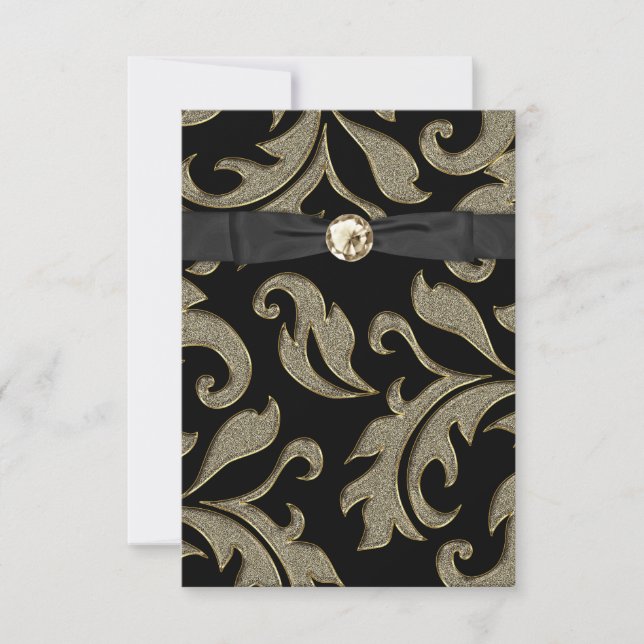 Convite de Festa com Cetim Preto e Dourado Damask  (Frente)