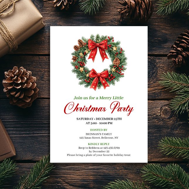 Convite de Festa com Coroa de Natal Clássica Moder (Modern Classic Christmas Wreath Party Invitation)