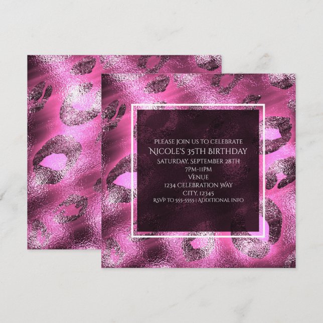 Convite de Festa com Estampa de Leopardo Rosa Glam (Frente/Verso)