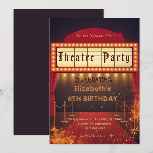 Convite de festa com letreiro de teatro – Convite  (Frente/Verso)