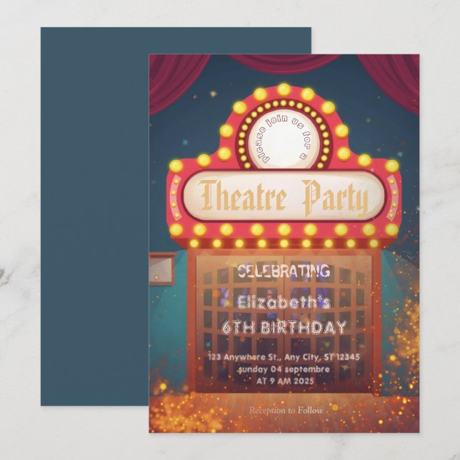 Convite de festa com letreiro de teatro – Convite  (Frente/Verso)