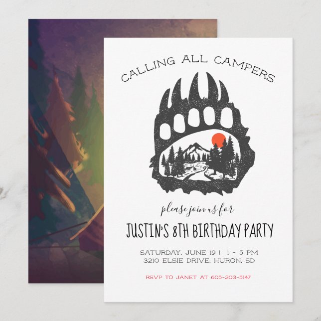 Convite de Festa com Tema de Acampamento (Frente/Verso)