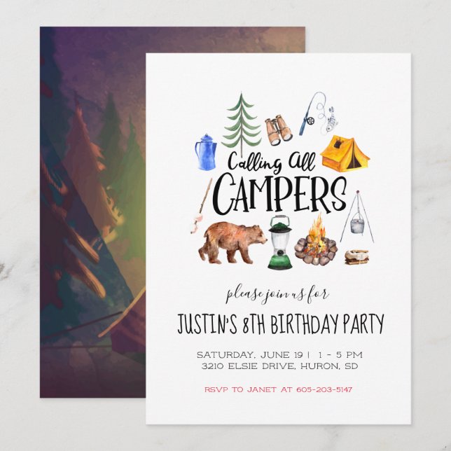Convite de Festa com Tema de Acampamento (Frente/Verso)