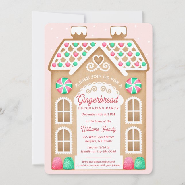 Convite de festa cor-de-rosa de biscoito de gengib (Frente)