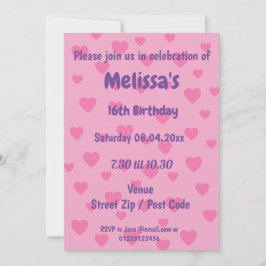 Convite de Festa Corações Rosa Personalizado