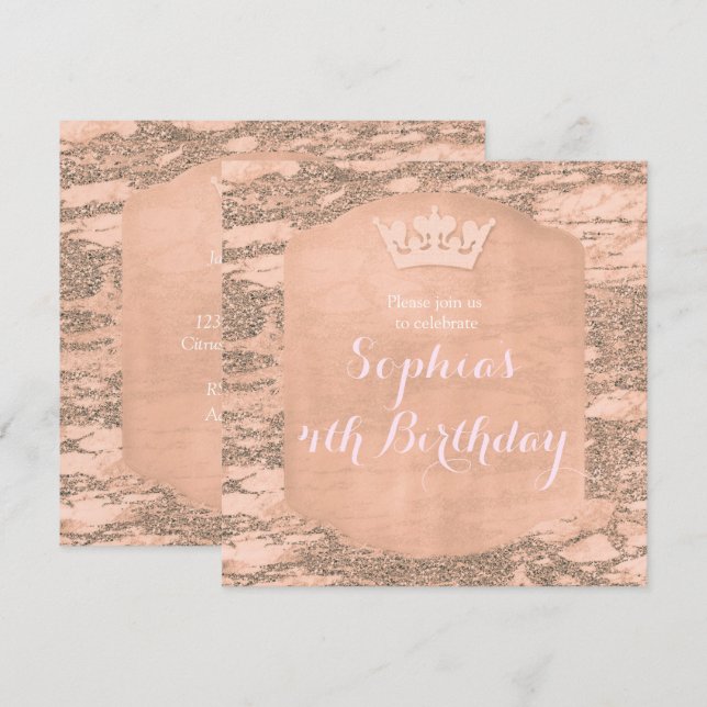 Convite de Festa Coroa de Princesa em Rosa Dourado (Frente/Verso)