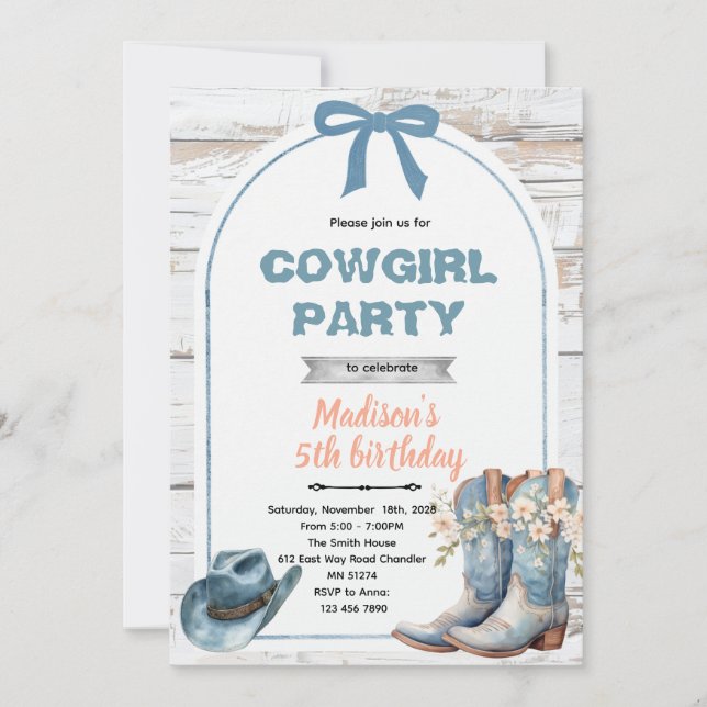 convite de festa cowgirl azul (Frente)