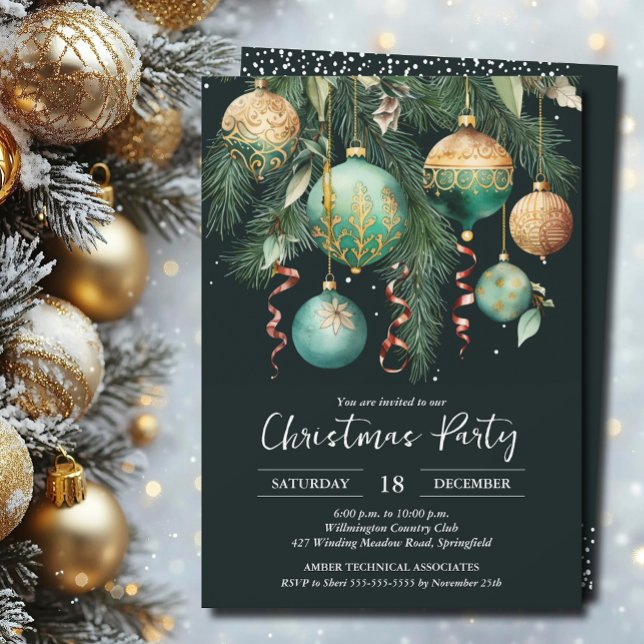 Convite de Festa da Árvore de Natal com Bolas Dour (Gold and green Christmas tree ornaments party invitations PRINTED and/or INSTANT DOWNLOAD)