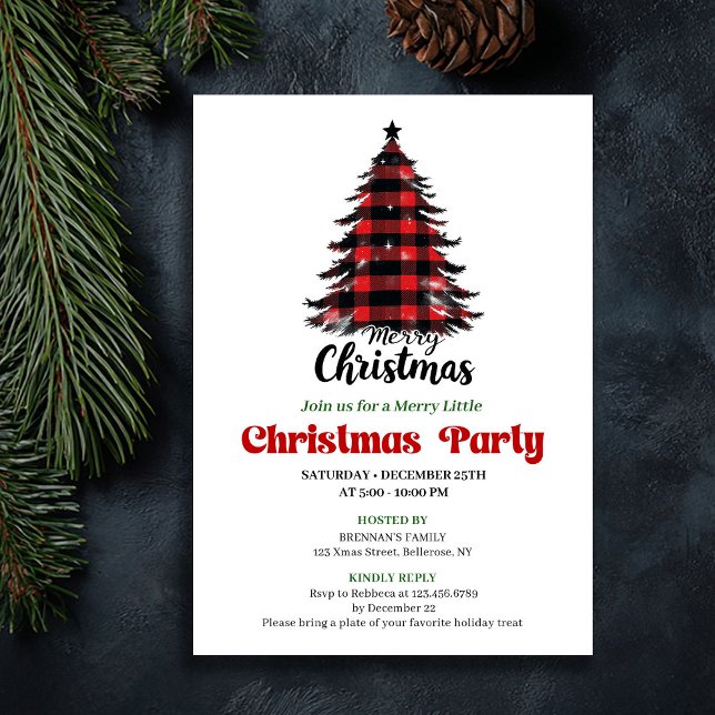 Convite de festa da árvore de Natal xadrez aconche (Cozy Buffalo Check Christmas Tree Party Invite)