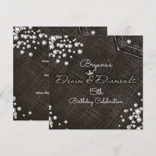 Convite de festa da coroa Glam Black Denim & Diamo (Frente/Verso)