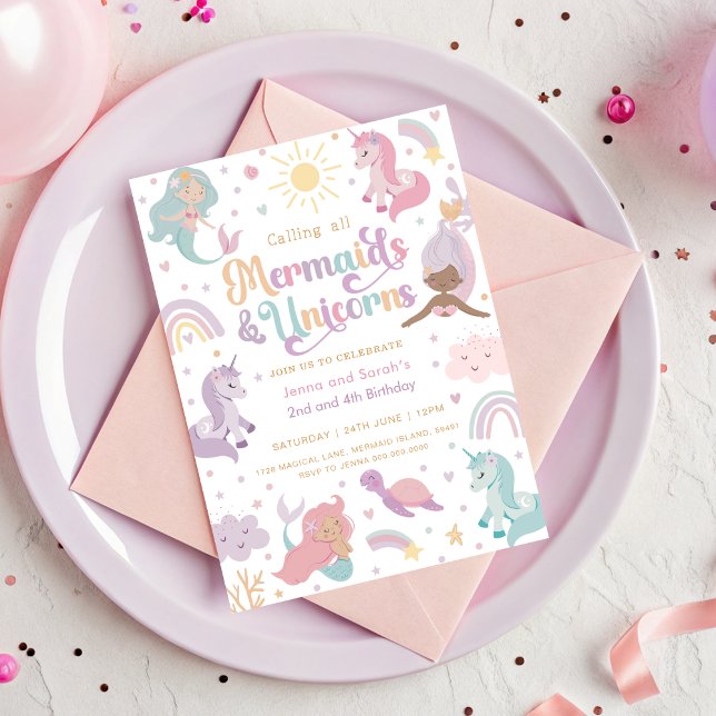 Convite de Festa da Sereia Unicórnio (Mermaid and Unicorn Joint Birthday Invitation)
