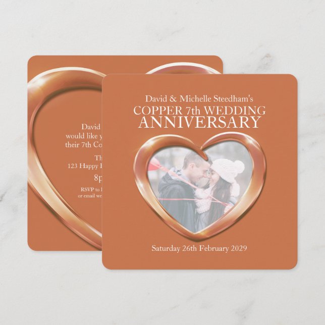 Convite de festa de 7 anos de casamento de cobre c (Frente/Verso)