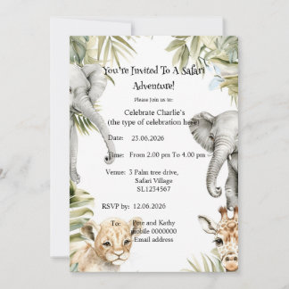 Convite de Festa de Animais Bebês de Safari em Aqu