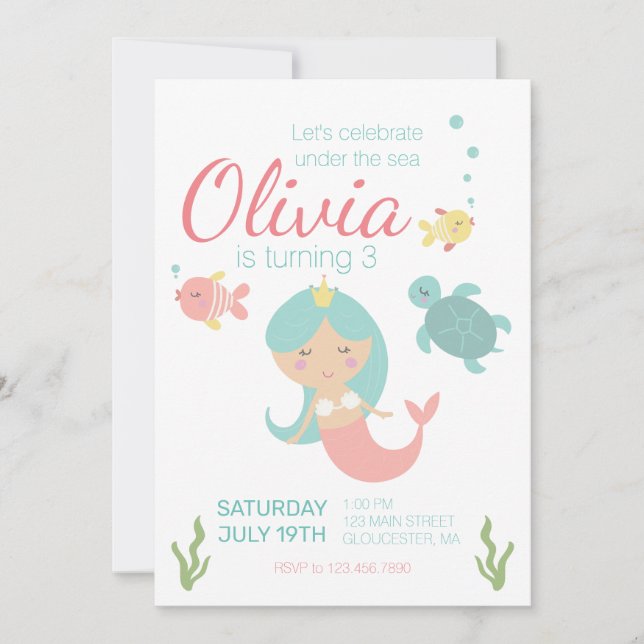 Convite de festa de aniversário da sereia debaixo  (Frente)