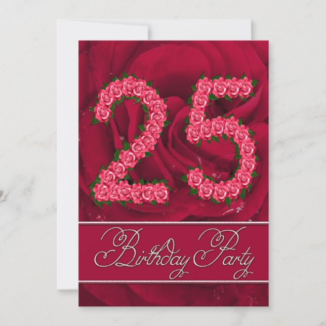 convite de festa de aniversário de 25 anos com ros (Frente)